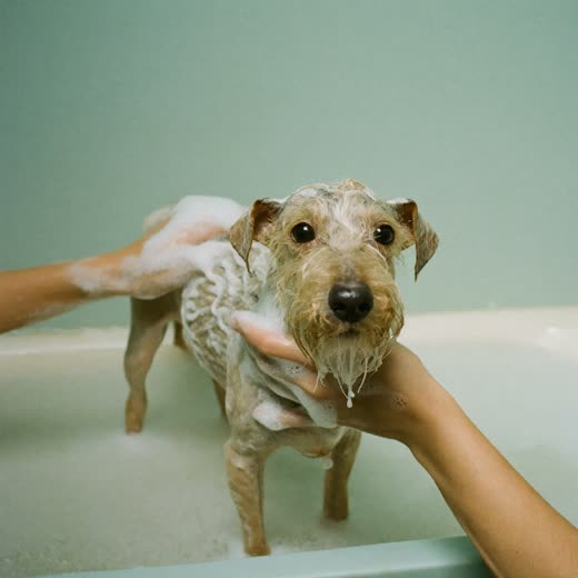 A small terrier being bathed and lathered during a grooming session